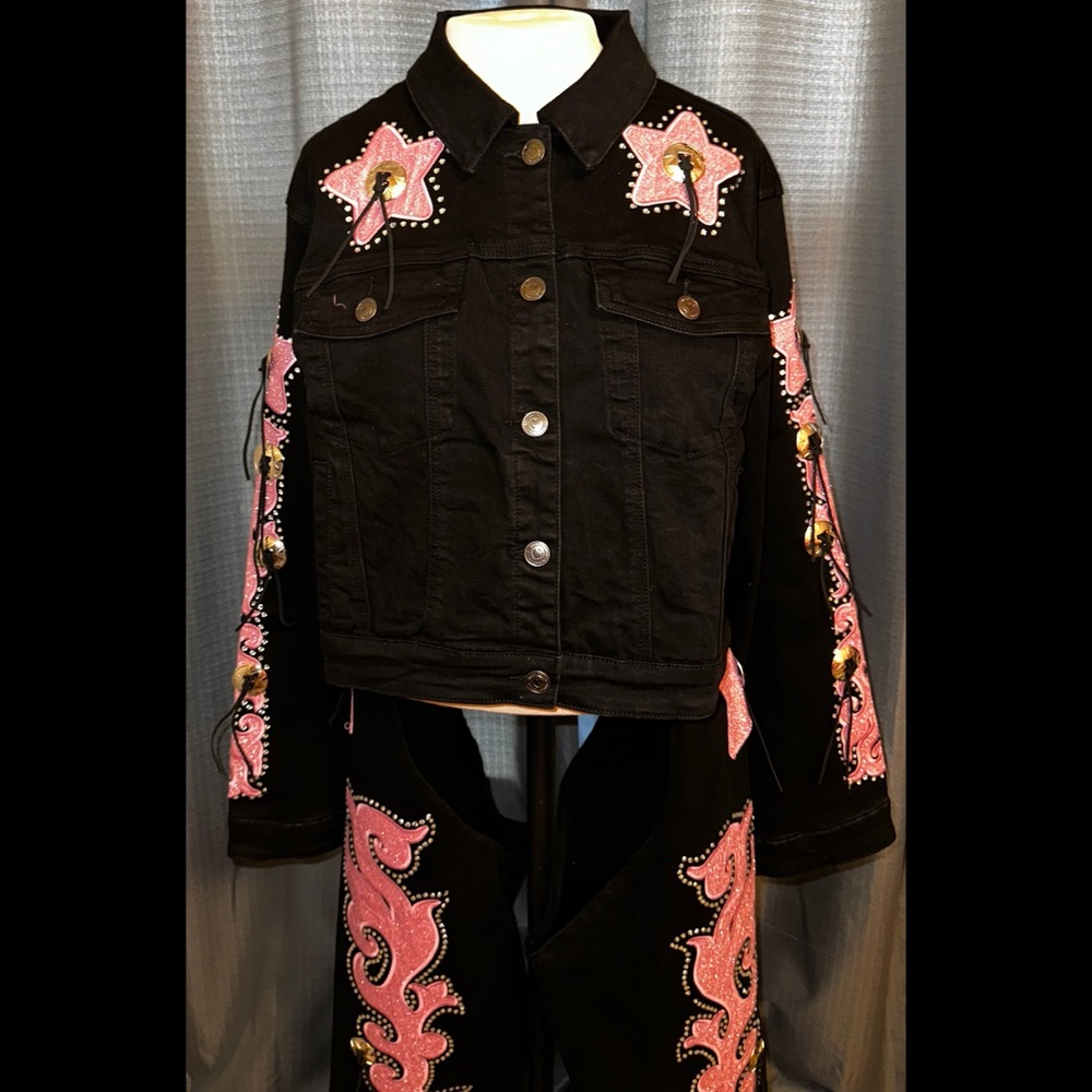 Sugar Thrillz Dolls Kill LONGING HEART Black Pink Denim Jacket Chaps SET L NWT - Picture 5 of 11